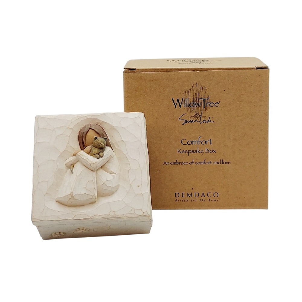 2003 Willow Tree Comfort Keepsake Memory Trinket Box Girl & Cat Paw Prints